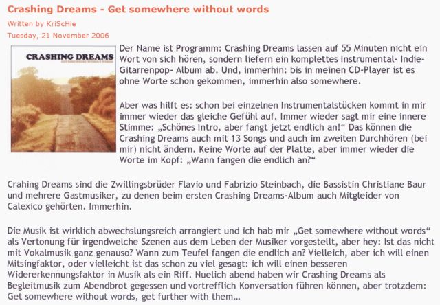 CRASHING DREAMS - POPKILLER NOVEMBER 2006